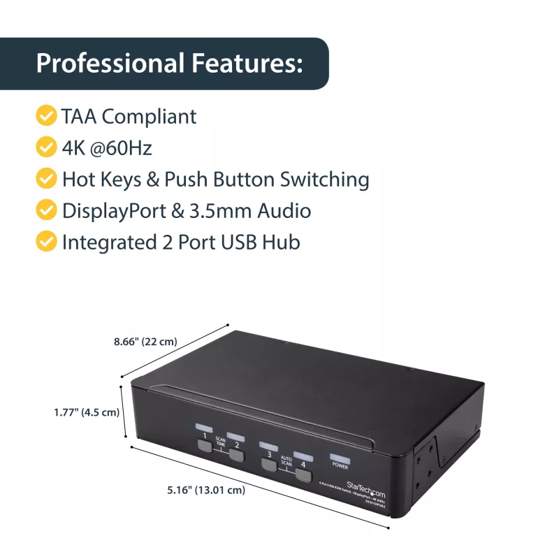StarTech.com 4 prievadų DisplayPort KVM jungiklis – 4K 60Hz – vienas ekranas – dviejų prievadų UHD DP 1.2 USB KVM jungiklis su integruotu USB 2.0 centru ir garsu – Dell, HP, Apple, Lenovo – TAA atitiktis