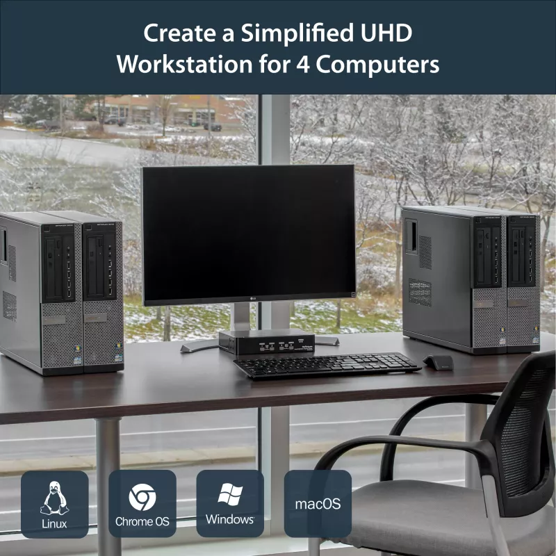StarTech.com 4 prievadų DisplayPort KVM jungiklis – 4K 60Hz – vienas ekranas – dviejų prievadų UHD DP 1.2 USB KVM jungiklis su integruotu USB 2.0 centru ir garsu – Dell, HP, Apple, Lenovo – TAA atitiktis