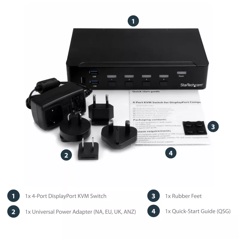 StarTech.com 4 prievadų DisplayPort KVM jungiklis – 4K 60Hz – vienas ekranas – dviejų prievadų UHD DP 1.2 USB KVM jungiklis su integruotu USB 2.0 centru ir garsu – Dell, HP, Apple, Lenovo – TAA atitiktis