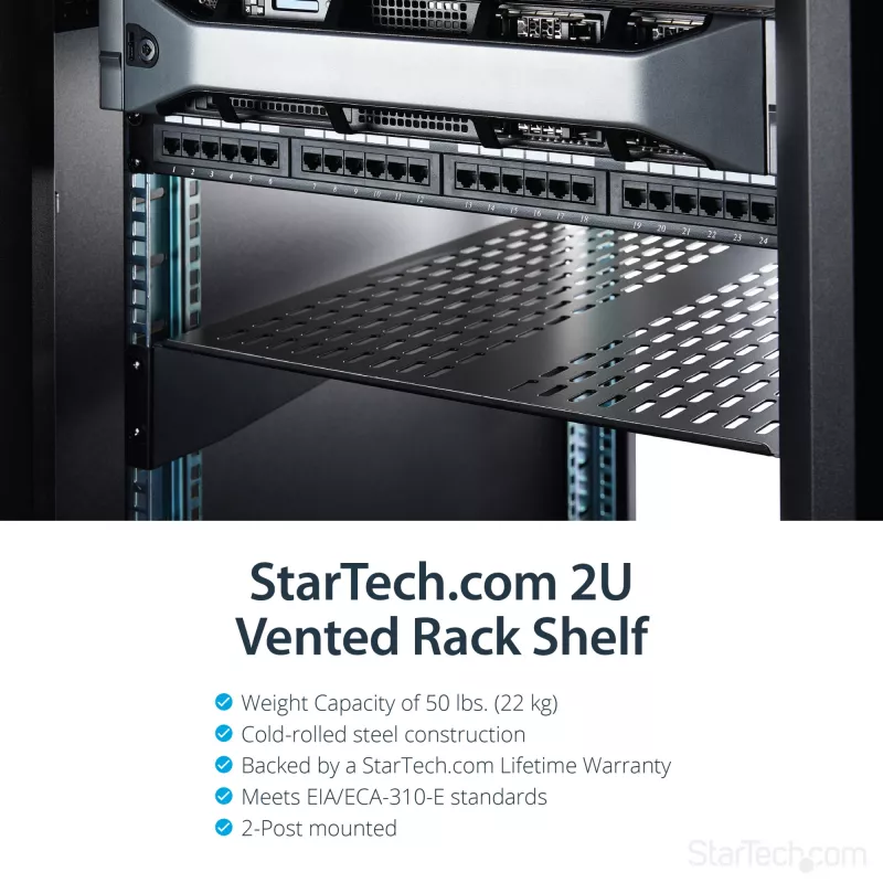 StarTech.com CABSHELF22V 2U ventiliuojama lentyna serverio stovui – universali konsolinė lentyna 19 colių tinklo įrangos stovui, plieninė, 23 kg talpa, 22 colių gylio, juoda