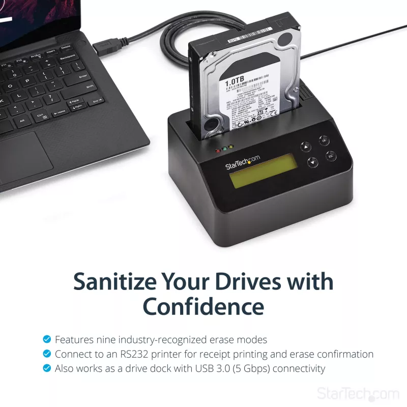 StarTech.com Vieno lizdo kietojo disko trynimo stotelė, autonominis HDD/SSD sanitizer, USB 3.0 į SATA II (3 Gbps), 9 trynimo režimai, LCD ekranas, saugus kietojo disko trynimo dokas, DB-9 spausdintuvo prievadas, TAA atitinkantis