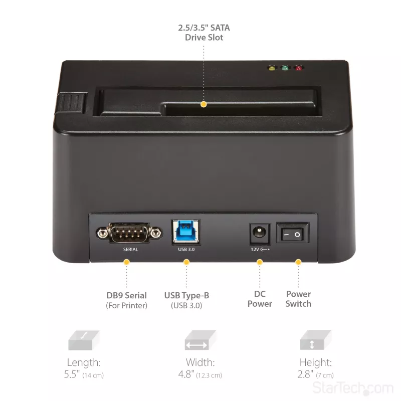 StarTech.com Vieno lizdo kietojo disko trynimo stotelė, autonominis HDD/SSD sanitizer, USB 3.0 į SATA II (3 Gbps), 9 trynimo režimai, LCD ekranas, saugus kietojo disko trynimo dokas, DB-9 spausdintuvo prievadas, TAA atitinkantis
