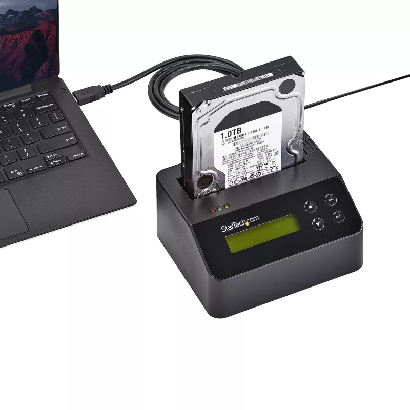 StarTech.com Vieno lizdo kietojo disko trynimo stotelė, autonominis HDD/SSD sanitizer, USB 3.0 į SATA II (3 Gbps), 9 trynimo režimai, LCD ekranas, saugus kietojo disko trynimo dokas, DB-9 spausdintuvo prievadas, TAA atitinkantis