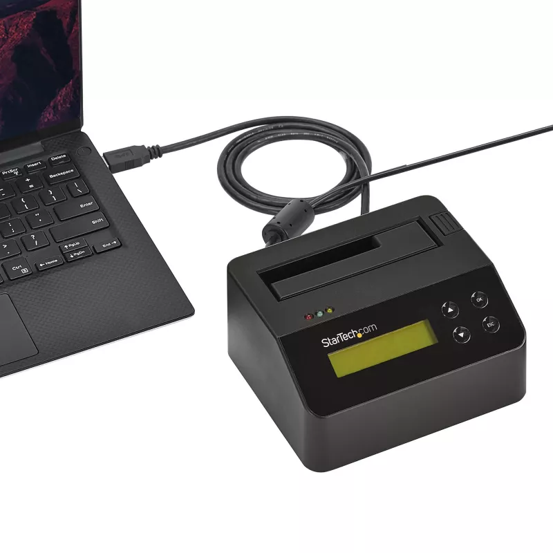 StarTech.com Vieno lizdo kietojo disko trynimo stotelė, autonominis HDD/SSD sanitizer, USB 3.0 į SATA II (3 Gbps), 9 trynimo režimai, LCD ekranas, saugus kietojo disko trynimo dokas, DB-9 spausdintuvo prievadas, TAA atitinkantis