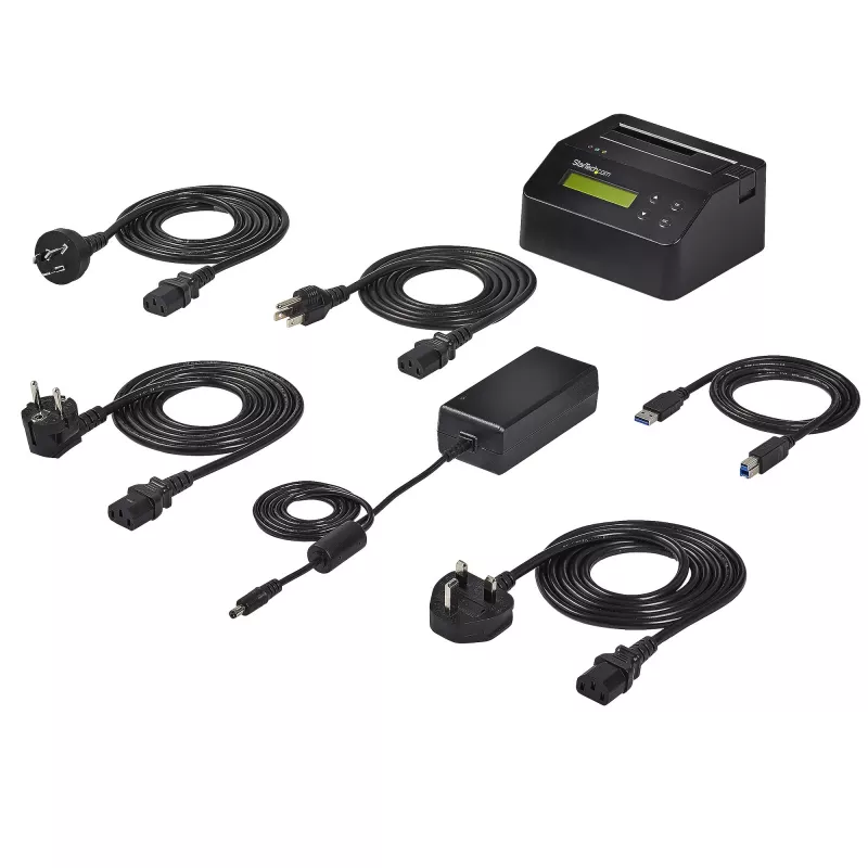 StarTech.com Vieno lizdo kietojo disko trynimo stotelė, autonominis HDD/SSD sanitizer, USB 3.0 į SATA II (3 Gbps), 9 trynimo režimai, LCD ekranas, saugus kietojo disko trynimo dokas, DB-9 spausdintuvo prievadas, TAA atitinkantis