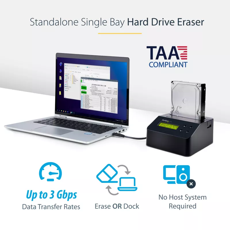 StarTech.com Vieno lizdo kietojo disko trynimo stotelė, autonominis HDD/SSD sanitizer, USB 3.0 į SATA II (3 Gbps), 9 trynimo režimai, LCD ekranas, saugus kietojo disko trynimo dokas, DB-9 spausdintuvo prievadas, TAA atitinkantis