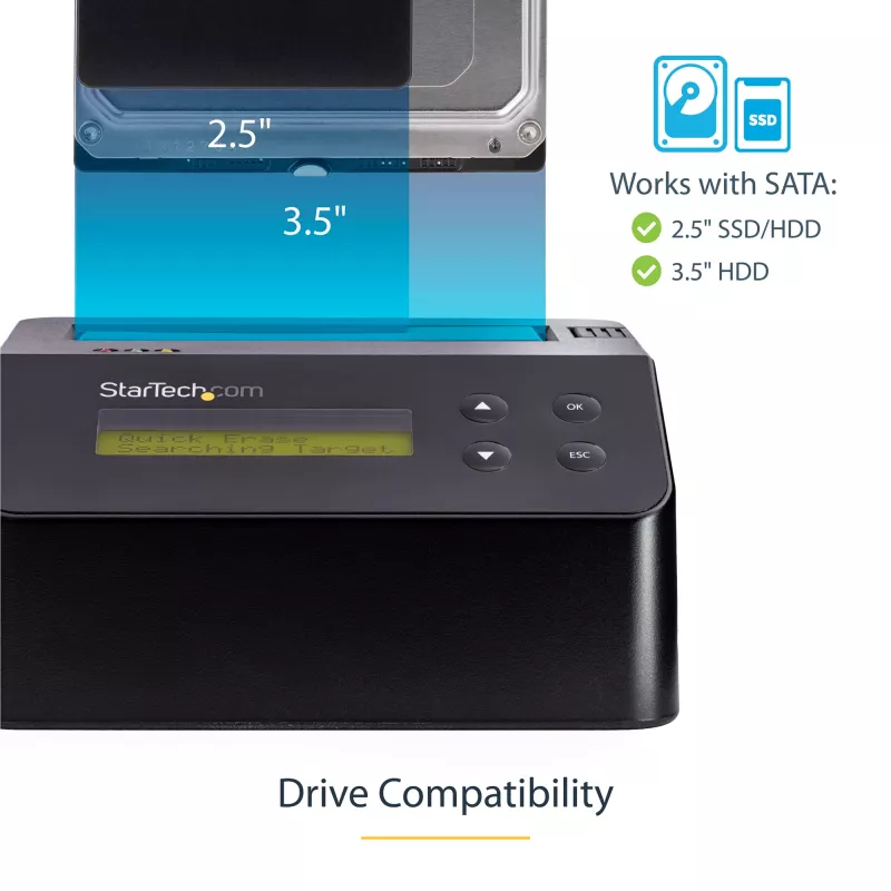 StarTech.com Vieno lizdo kietojo disko trynimo stotelė, autonominis HDD/SSD sanitizer, USB 3.0 į SATA II (3 Gbps), 9 trynimo režimai, LCD ekranas, saugus kietojo disko trynimo dokas, DB-9 spausdintuvo prievadas, TAA atitinkantis