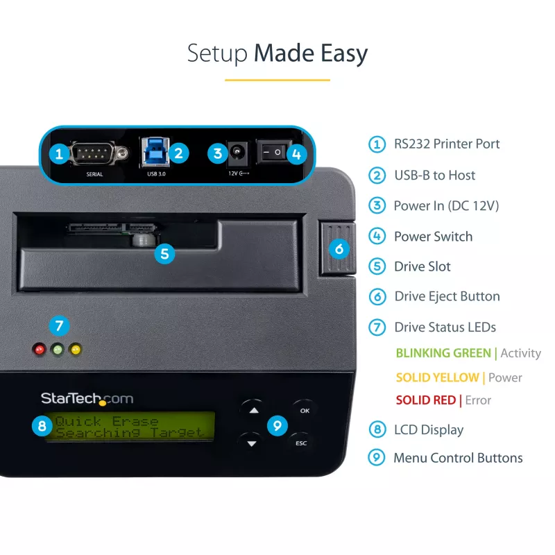 StarTech.com Vieno lizdo kietojo disko trynimo stotelė, autonominis HDD/SSD sanitizer, USB 3.0 į SATA II (3 Gbps), 9 trynimo režimai, LCD ekranas, saugus kietojo disko trynimo dokas, DB-9 spausdintuvo prievadas, TAA atitinkantis