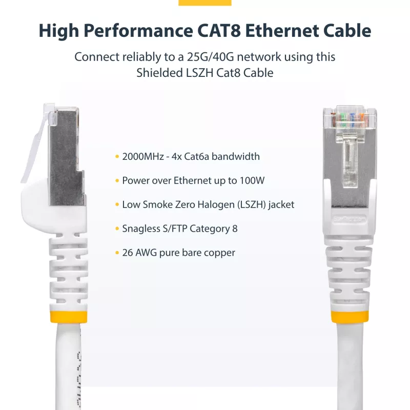 StarTech.com 10 m baltas CAT8 eterneto kabelis, S/FTP, 26AWG gryno vario viela, LSZH, 25G/40G, 2000 MHz, 100W PoE++