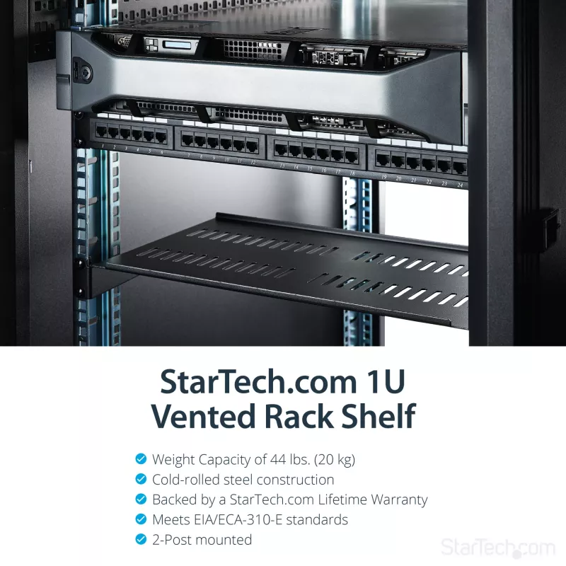 StarTech.com 1U serverinė lentyna – universali ventiliuojama konsolinė lentyna 19 colių tinklo įrangos stovui ir spin tai – tvirtas plienas, svorio talpa 20 kg – 10 colių gylio lentyna, juoda