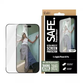 PanzerGlass SAFE. by ® Apsauginis stiklas su juodu rėmeliu iPhone 16 Pro | Ultra-Wide Fit