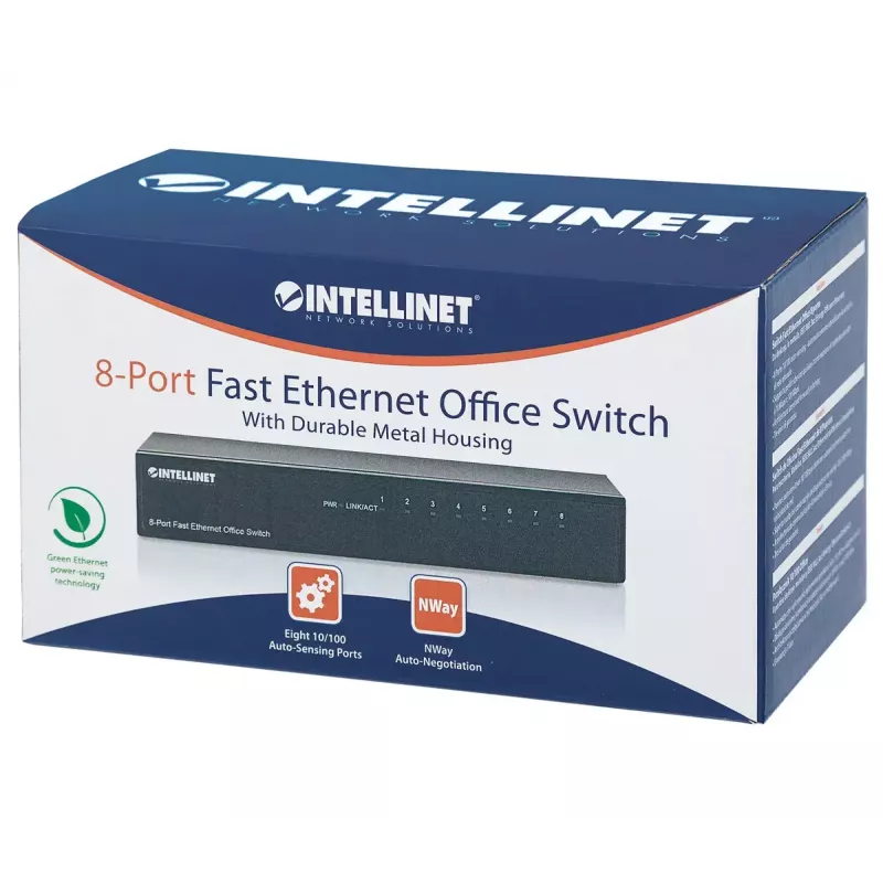 Intellinet 8 prievadų Fast Ethernet Office jungiklis, stalinis, metalinis, IEEE 802.3az (energiją taupantis Ethernet), dėžutė