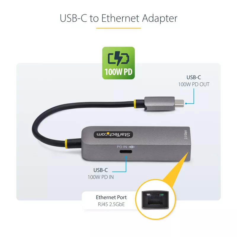 StarTech.com USB-C iki Ethernet adapteris 2,5GbE, 100W PD perdavimas, NBASE-T NIC, USB 3.0 Type-C 2,5/1G kelių greičių tinklas, suderinamas su Thunderbolt, Windows ir Mac