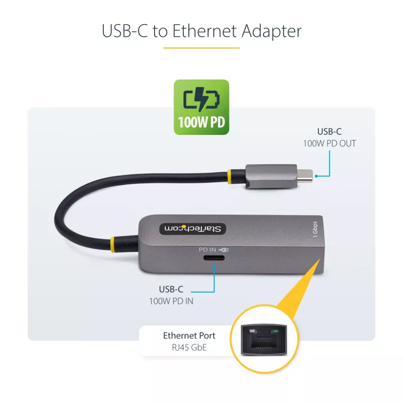 StarTech.com USB-C į Ethernet adapteris, 100W PD pralaidumas, USB 3.0, 1 Gbps, Thunderbolt suderinamas