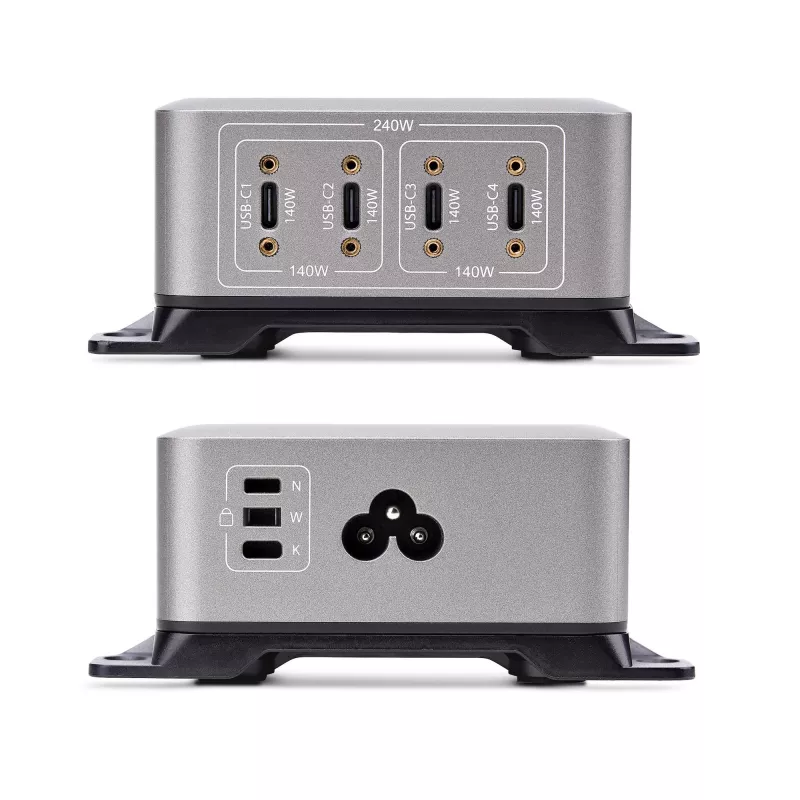 StarTech.com 4 prievadų kelių įrenginių USB-C įkroviklis, 240W bendra, vienas prievadas 140W EPR, PD 3.1, sraigtiniai fiksavimo prievadai, skirtas posėdžių salėms, su laikikliu montavimui ant paviršiaus