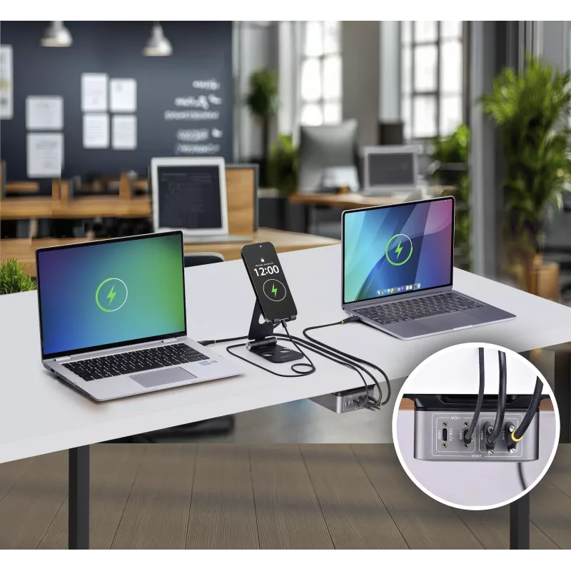 StarTech.com 4 prievadų kelių įrenginių USB-C įkroviklis, 240W bendra, vienas prievadas 140W EPR, PD 3.1, sraigtiniai fiksavimo prievadai, skirtas posėdžių salėms, su laikikliu montavimui ant paviršiaus
