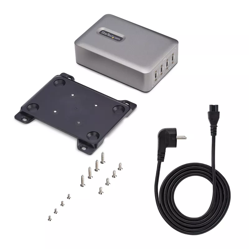 StarTech.com 4 prievadų kelių įrenginių USB-C įkroviklis, 240W bendra, vienas prievadas 140W EPR, PD 3.1, sraigtiniai fiksavimo prievadai, skirtas posėdžių salėms, su laikikliu montavimui ant paviršiaus