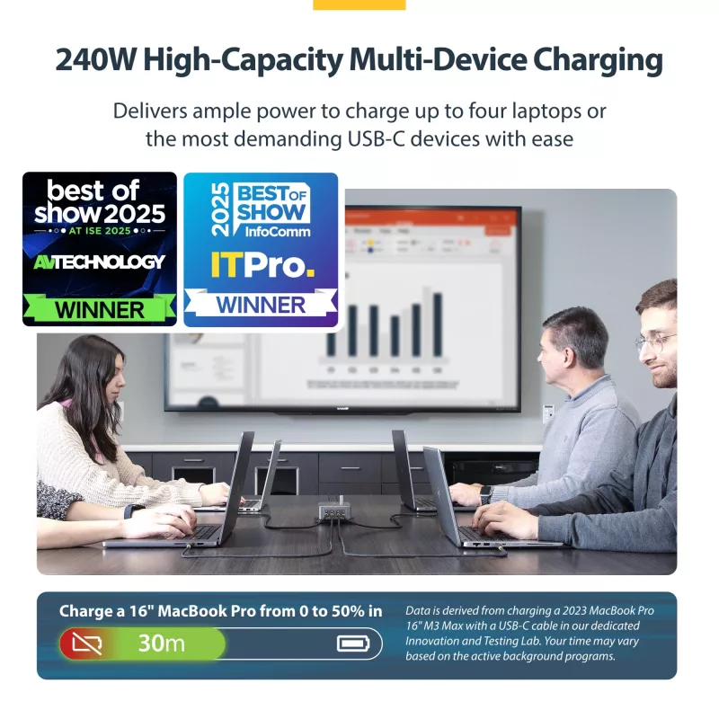 StarTech.com 4 prievadų kelių įrenginių USB-C įkroviklis, 240W bendra, vienas prievadas 140W EPR, PD 3.1, sraigtiniai fiksavimo prievadai, skirtas posėdžių salėms, su laikikliu montavimui ant paviršiaus
