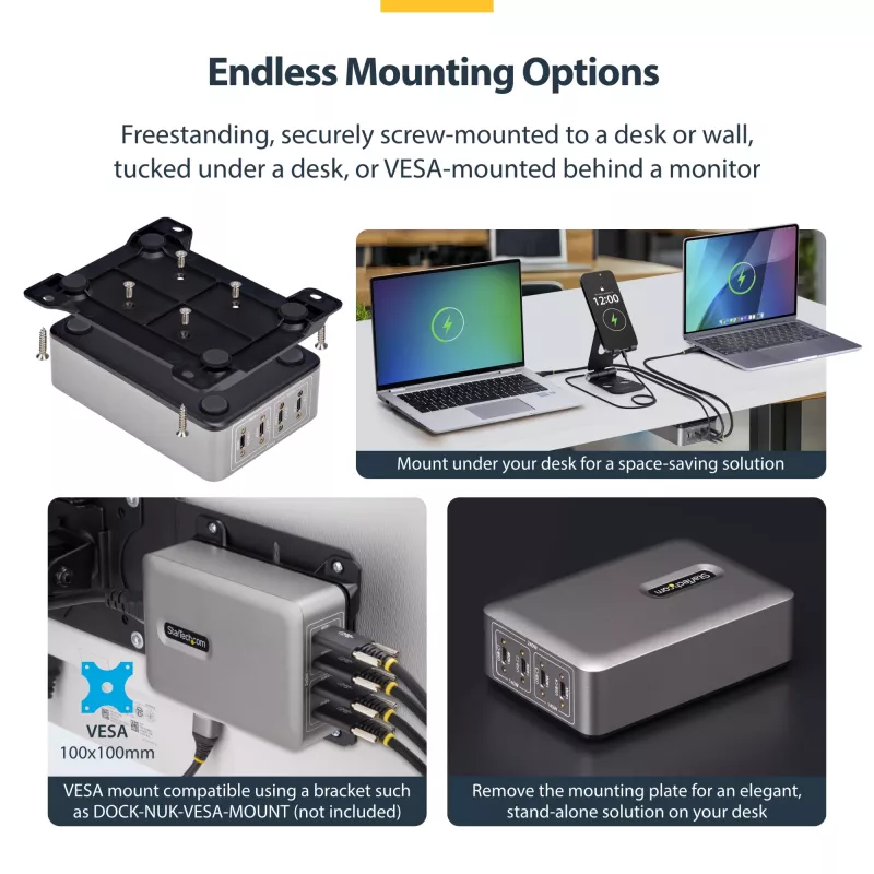 StarTech.com 4 prievadų kelių įrenginių USB-C įkroviklis, 240W bendra, vienas prievadas 140W EPR, PD 3.1, sraigtiniai fiksavimo prievadai, skirtas posėdžių salėms, su laikikliu montavimui ant paviršiaus