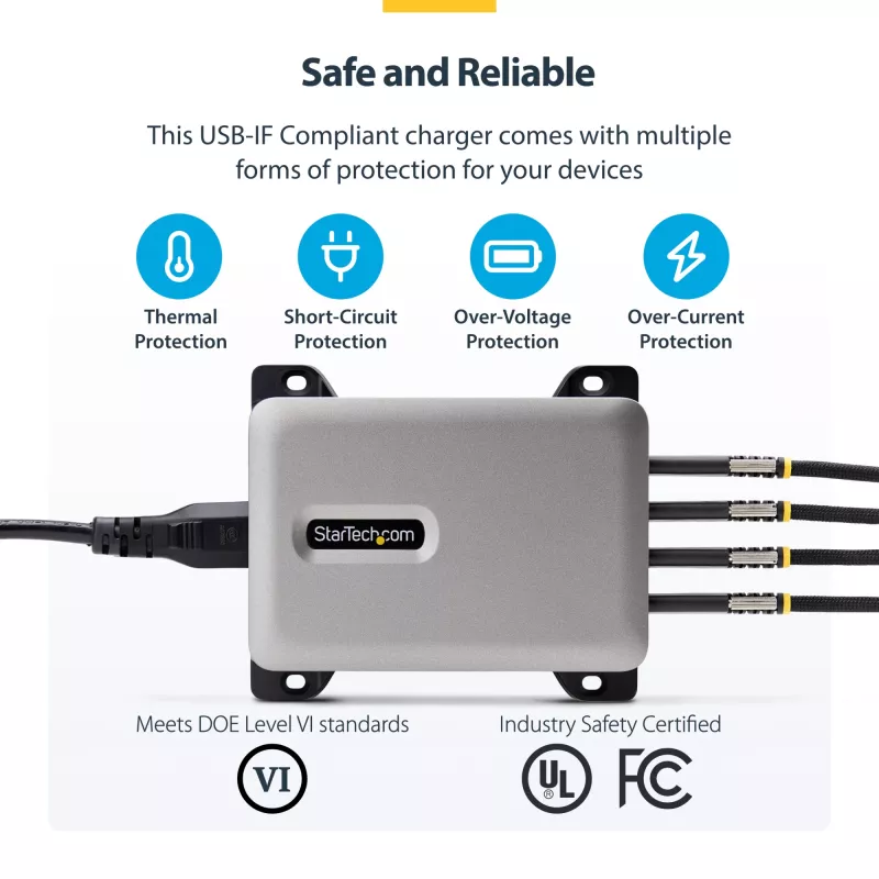 StarTech.com 4 prievadų kelių įrenginių USB-C įkroviklis, 240W bendra, vienas prievadas 140W EPR, PD 3.1, sraigtiniai fiksavimo prievadai, skirtas posėdžių salėms, su laikikliu montavimui ant paviršiaus