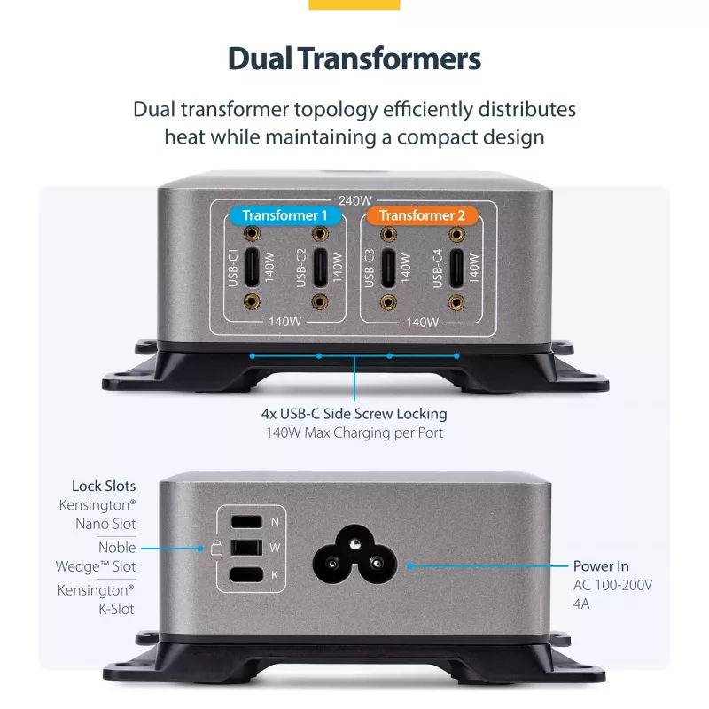 StarTech.com 4 prievadų kelių įrenginių USB-C įkroviklis, 240W bendra, vienas prievadas 140W EPR, PD 3.1, sraigtiniai fiksavimo prievadai, skirtas posėdžių salėms, su laikikliu montavimui ant paviršiaus