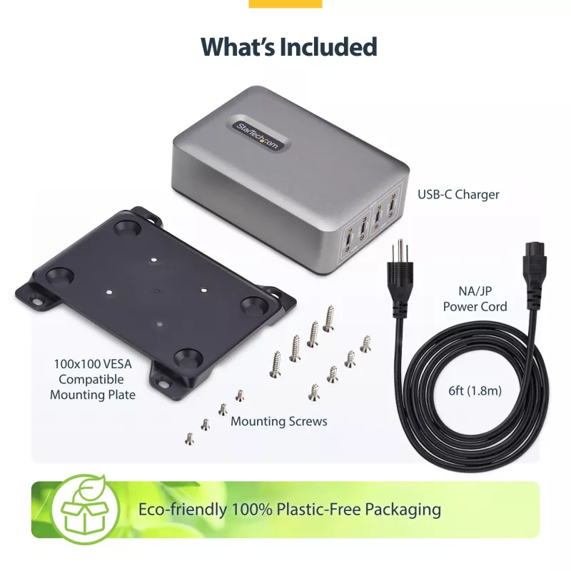 StarTech.com 4 prievadų kelių įrenginių USB-C įkroviklis, 240W bendra, vienas prievadas 140W EPR, PD 3.1, sraigtiniai fiksavimo prievadai, skirtas posėdžių salėms, su laikikliu montavimui ant paviršiaus
