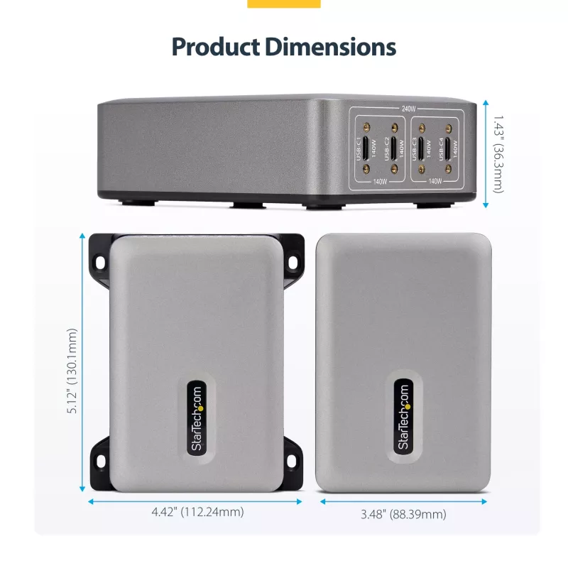 StarTech.com 4 prievadų kelių įrenginių USB-C įkroviklis, 240W bendra, vienas prievadas 140W EPR, PD 3.1, sraigtiniai fiksavimo prievadai, skirtas posėdžių salėms, su laikikliu montavimui ant paviršiaus