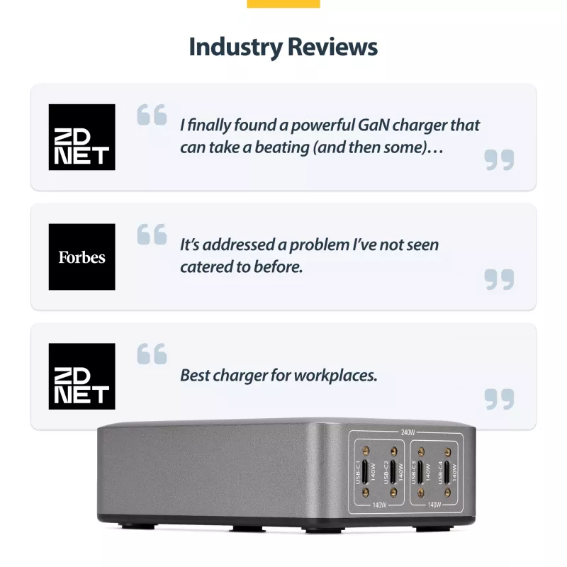 StarTech.com 4 prievadų kelių įrenginių USB-C įkroviklis, 240W bendra, vienas prievadas 140W EPR, PD 3.1, sraigtiniai fiksavimo prievadai, skirtas posėdžių salėms, su laikikliu montavimui ant paviršiaus