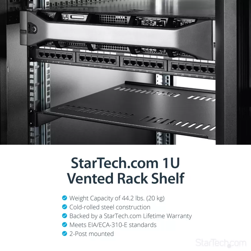 StarTech.com 1U ventiliuojama lentyna 19 inch serverio stovui – 20 kg talpa, 16 colių gylio, juoda