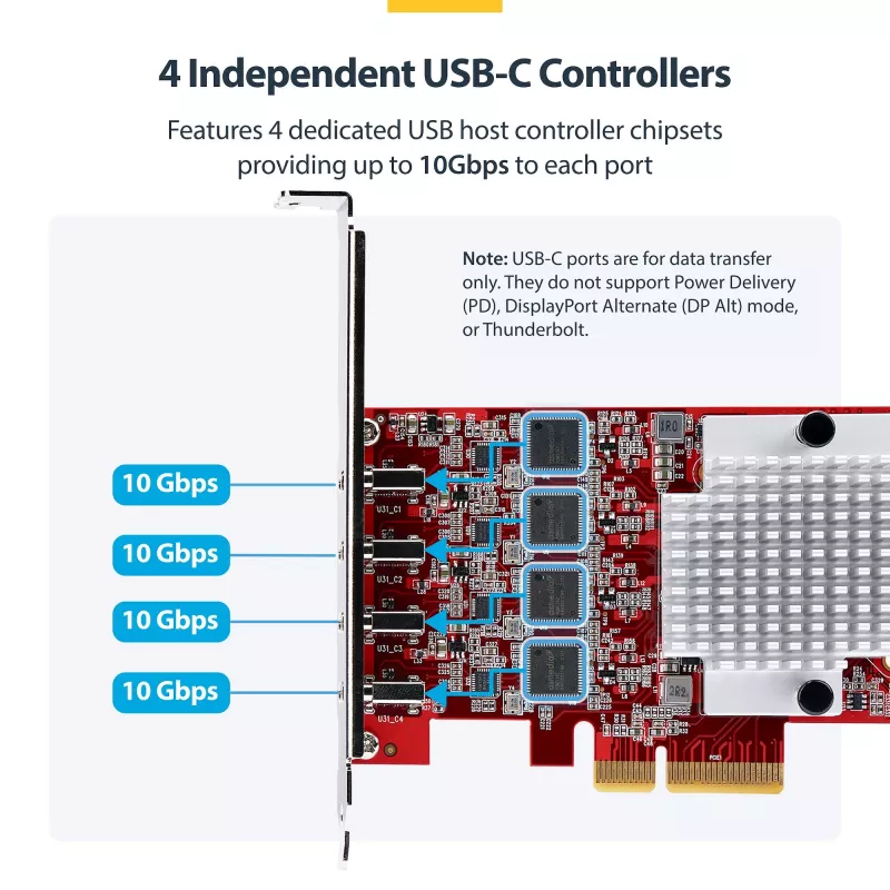 StarTech.com 4 prievadų USB Type-C PCIe kortelė, USB 3.2 10Gbps, USB-C PCI Express plėtinio kortelė, 4 nepriklausomi USB valdikliai, Windows/Linux/macOS, TAA atitinkanti