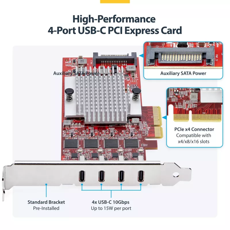 StarTech.com 4 prievadų USB Type-C PCIe kortelė, USB 3.2 10Gbps, USB-C PCI Express plėtinio kortelė, 4 nepriklausomi USB valdikliai, Windows/Linux/macOS, TAA atitinkanti