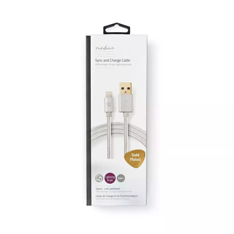 Nedis CCTB39300AL30 mobiliojo telefono kabelis, aliuminis, 3 m, USB A – Lightning