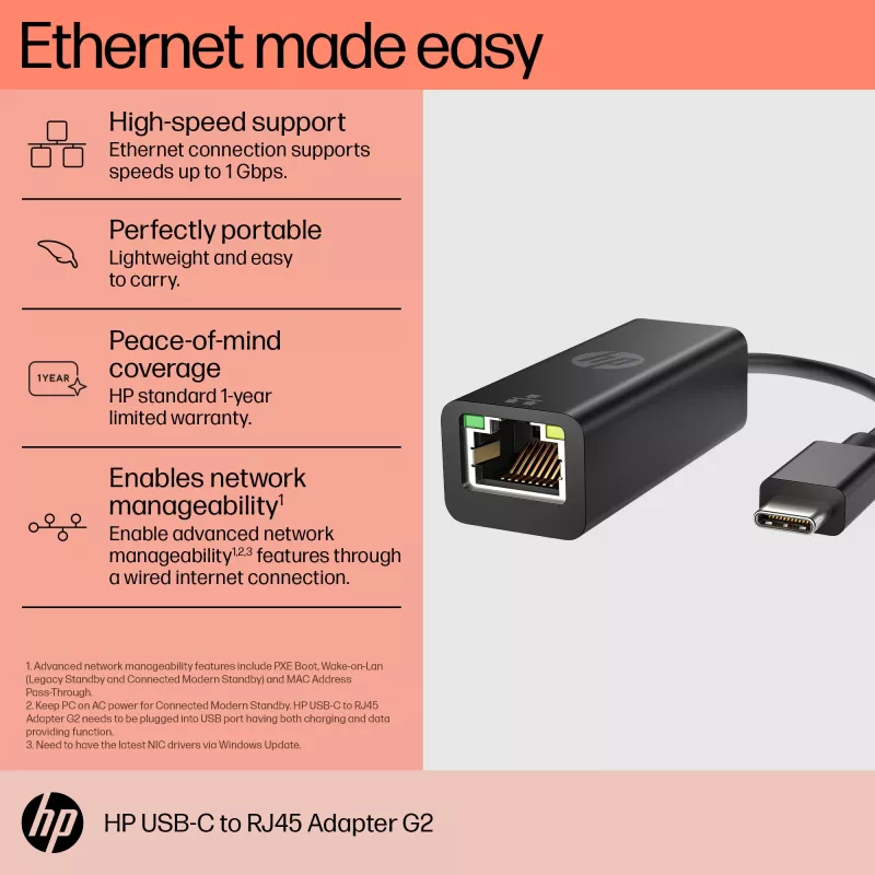 HP USB-C į RJ45 adapteris G2, laidinis, USB Type-C, juodas, Kinija, namams, Windows 10, Windows 11
