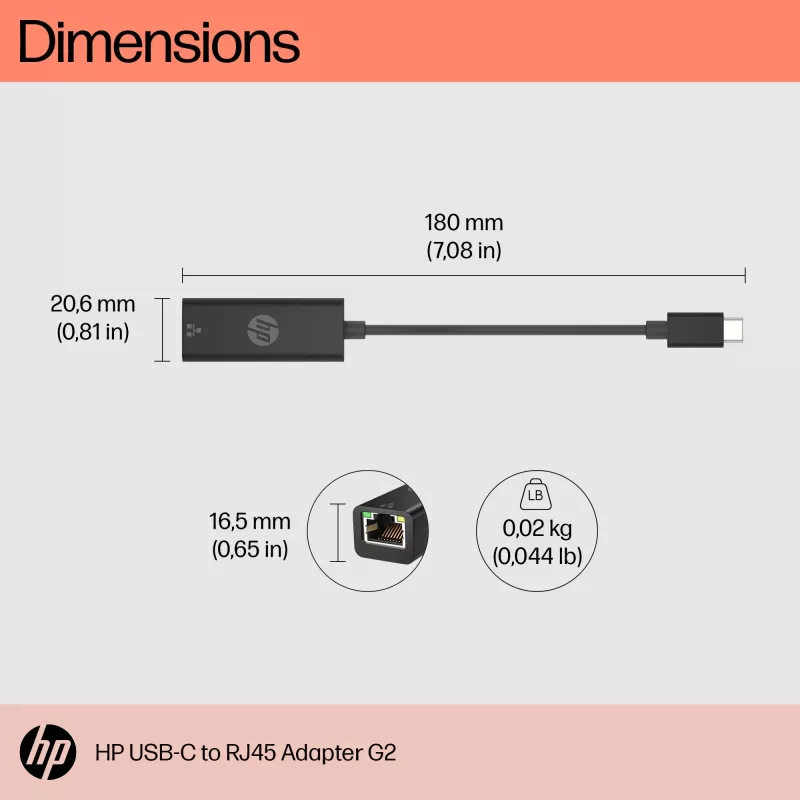 HP USB-C į RJ45 adapteris G2, laidinis, USB Type-C, juodas, Kinija, namams, Windows 10, Windows 11