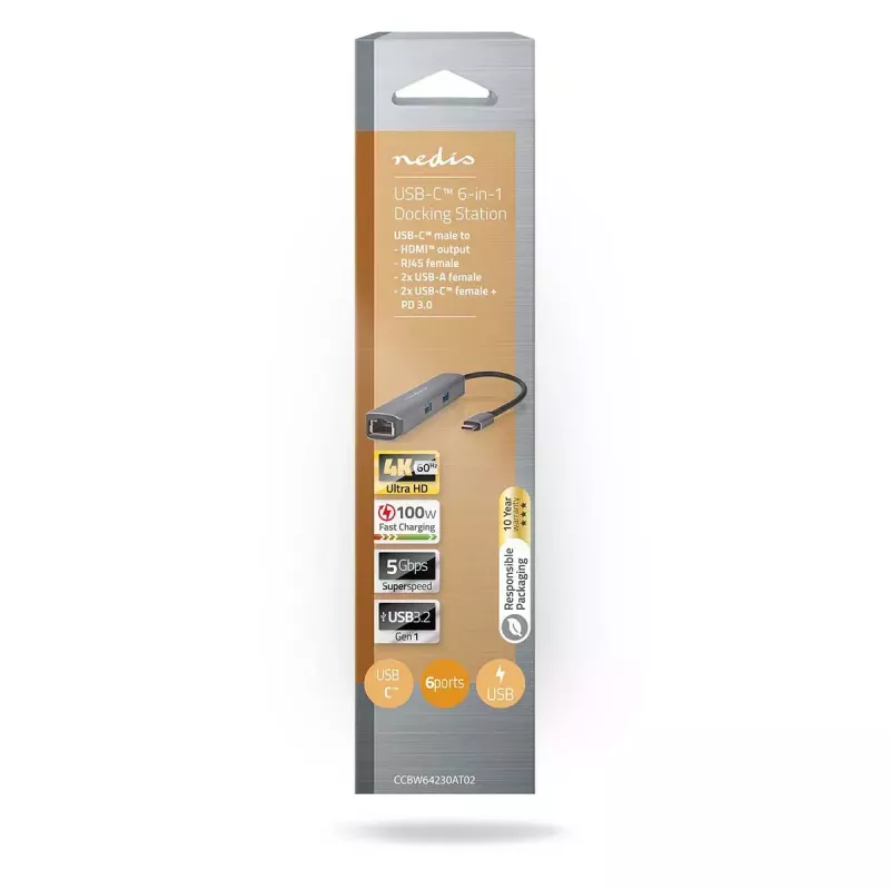 Nedis CCBW64230AT02 USB-C kelių prievadų adapteris 6 viename, USB 3.2 Gen 1, HDMI, RJ45, 2x USB-A, 2x USB-C, 5 Gbps, pilkas