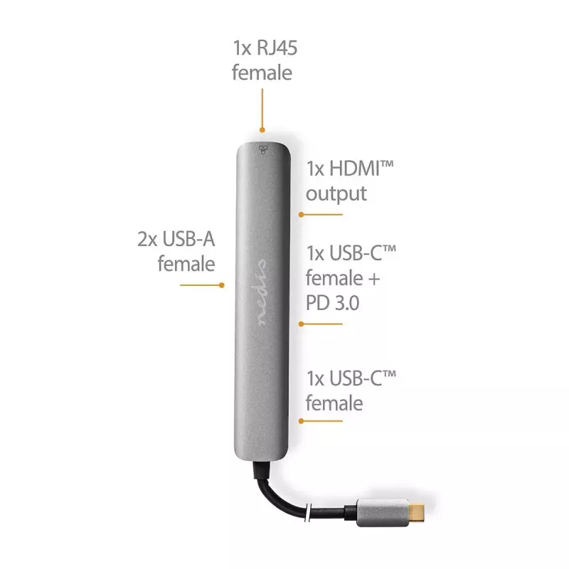 Nedis CCBW64230AT02 USB-C kelių prievadų adapteris 6 viename, USB 3.2 Gen 1, HDMI, RJ45, 2x USB-A, 2x USB-C, 5 Gbps, pilkas