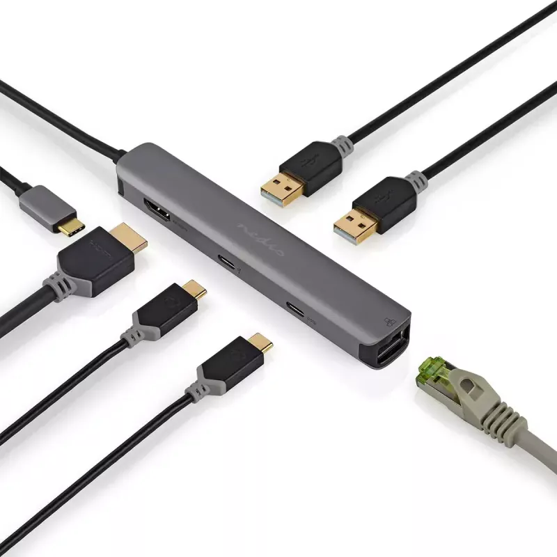 Nedis CCBW64230AT02 USB-C kelių prievadų adapteris 6 viename, USB 3.2 Gen 1, HDMI, RJ45, 2x USB-A, 2x USB-C, 5 Gbps, pilkas