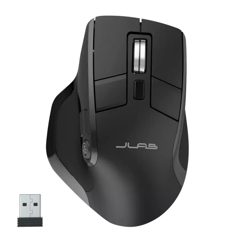 JLab Audio Epic Office belaidė dešinės rankos pelė – Bluetooth + USB Type-A, optinis 2400 DPI, 9 mygtukai, ratukas, juoda