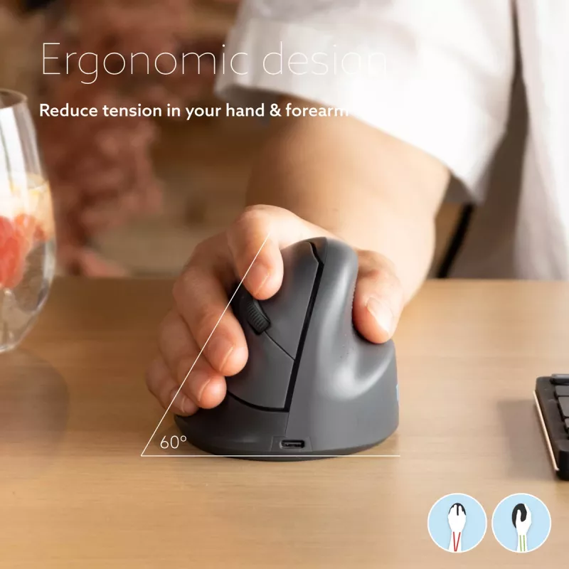 R-Go Tools vertikali pelė R-Go HE Basic, ergonomiška, vidutinė (rankos dydis ≥ 185 mm), dešinei rankai, Bluetooth, pilka