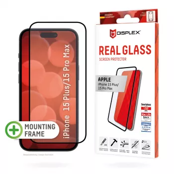 Displex Full Cover apsauginis stiklas (10H), skirtas Apple iPhone 15 Plus/15 Pro Max, su Eco montavimo rėmeliu