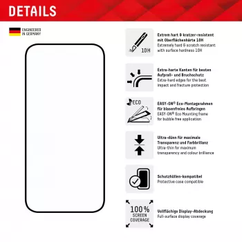 Displex Full Cover apsauginis stiklas (10H), skirtas Apple iPhone 15 Plus/15 Pro Max, su Eco montavimo rėmeliu