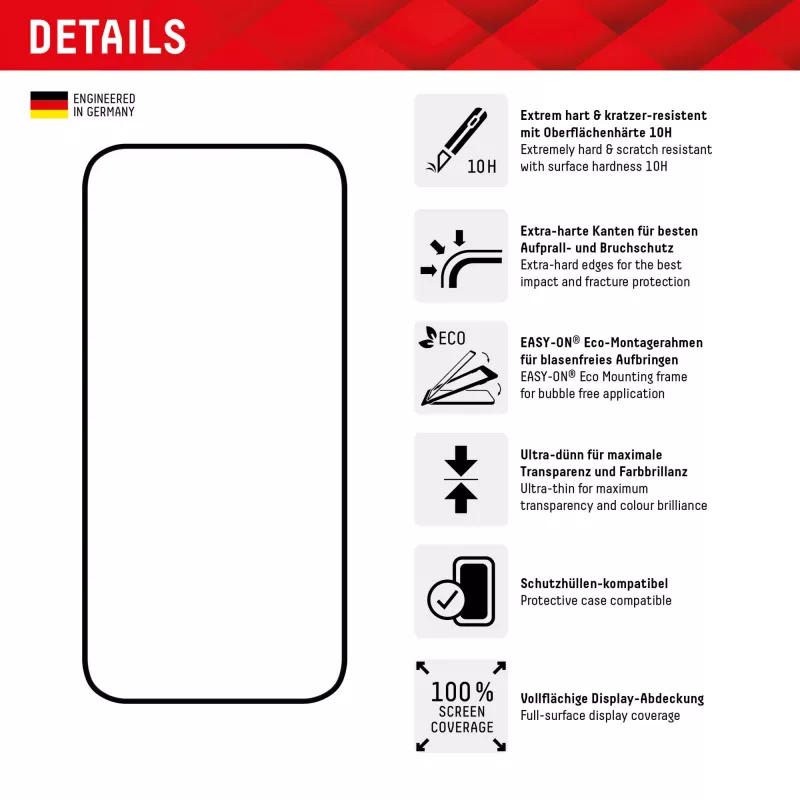 Displex Full Cover apsauginis stiklas (10H), skirtas Apple iPhone 15 Plus/15 Pro Max, su Eco montavimo rėmeliu