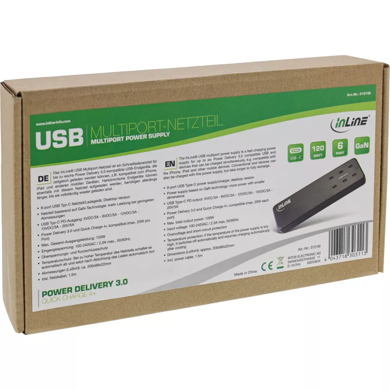 InLine 31516I kelių prievadų USB-C įkroviklis, 6× USB-C, PD 3.0, GaN, juodas