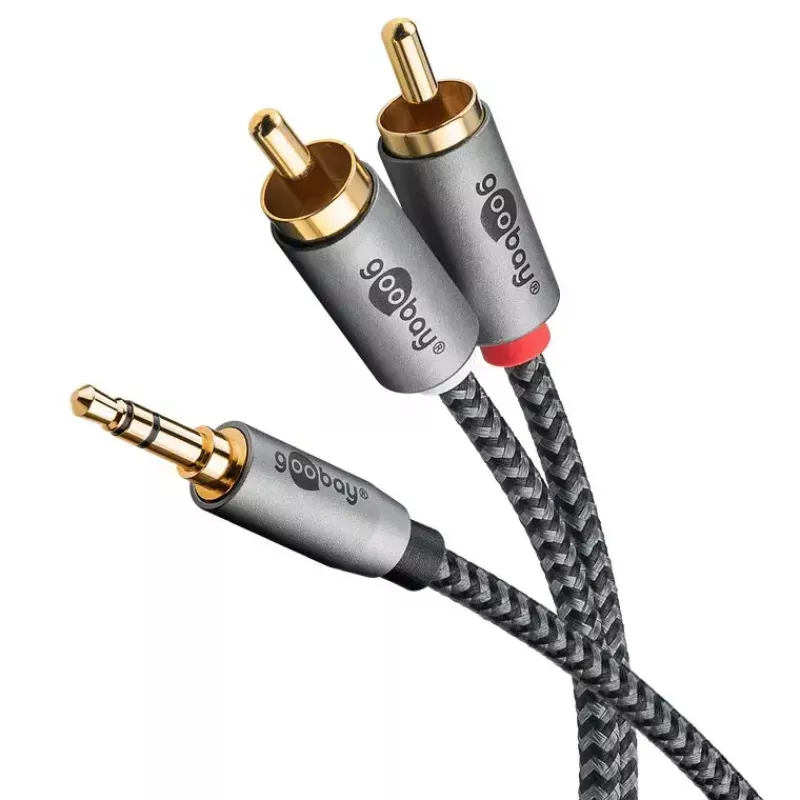 Garso kabelis WENTRONIC Goobay 65288 – 3,5 mm lizdas į 2×RCA kištukus, 2 m, variniai laidai, auksuoti kontaktai, magnetinis ekranavimas
