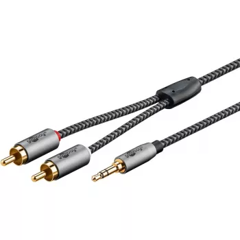Garso kabelis WENTRONIC Goobay 65288 – 3,5 mm lizdas į 2×RCA kištukus, 2 m, variniai laidai, auksuoti kontaktai, magnetinis ekranavimas