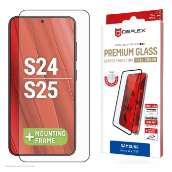Displex Full Cover ekrano apsauginis stiklas (10H), skirtas Samsung Galaxy S24/S25, su Eco montavimo rėmeliu, viso ekrano danga