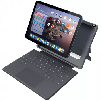 ASTAR DEQSTER Smart Rugged Touch Plus klaviatūra, skirta iPad 10,9 colio – QWERTZ vokiškas išdėstymas, mechaniniai jungikliai, Smart Connector dokas, pilka