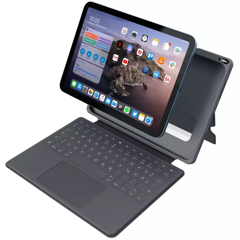 ASTAR DEQSTER Smart Rugged Touch Plus klaviatūra, skirta iPad 10,9 colio – QWERTZ vokiškas išdėstymas, mechaniniai jungikliai, Smart Connector dokas, pilka