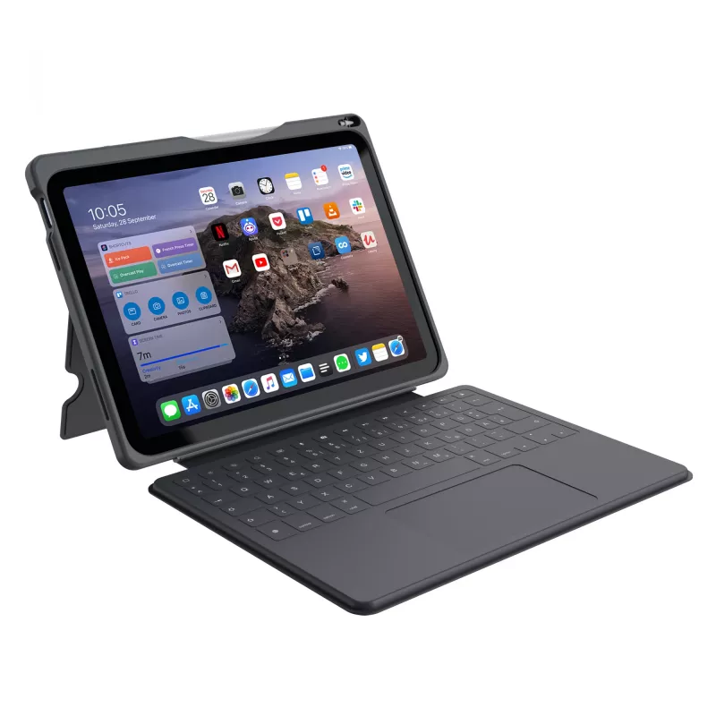 ASTAR DEQSTER Smart Rugged Touch Plus klaviatūra, skirta iPad 10,9 colio – QWERTZ vokiškas išdėstymas, mechaniniai jungikliai, Smart Connector dokas, pilka