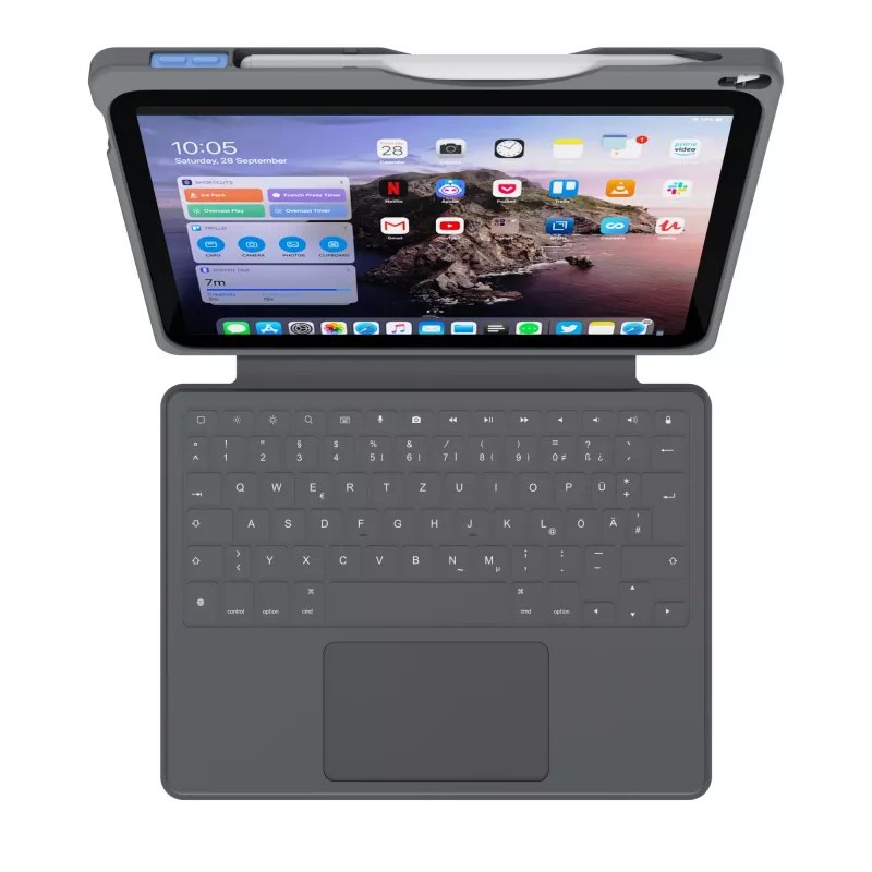 ASTAR DEQSTER Smart Rugged Touch Plus klaviatūra, skirta iPad 10,9 colio – QWERTZ vokiškas išdėstymas, mechaniniai jungikliai, Smart Connector dokas, pilka